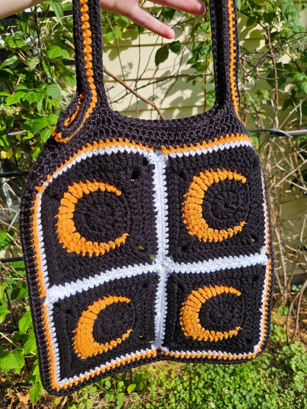 Black And Gold Crescent Moon Crochet Tote Bag